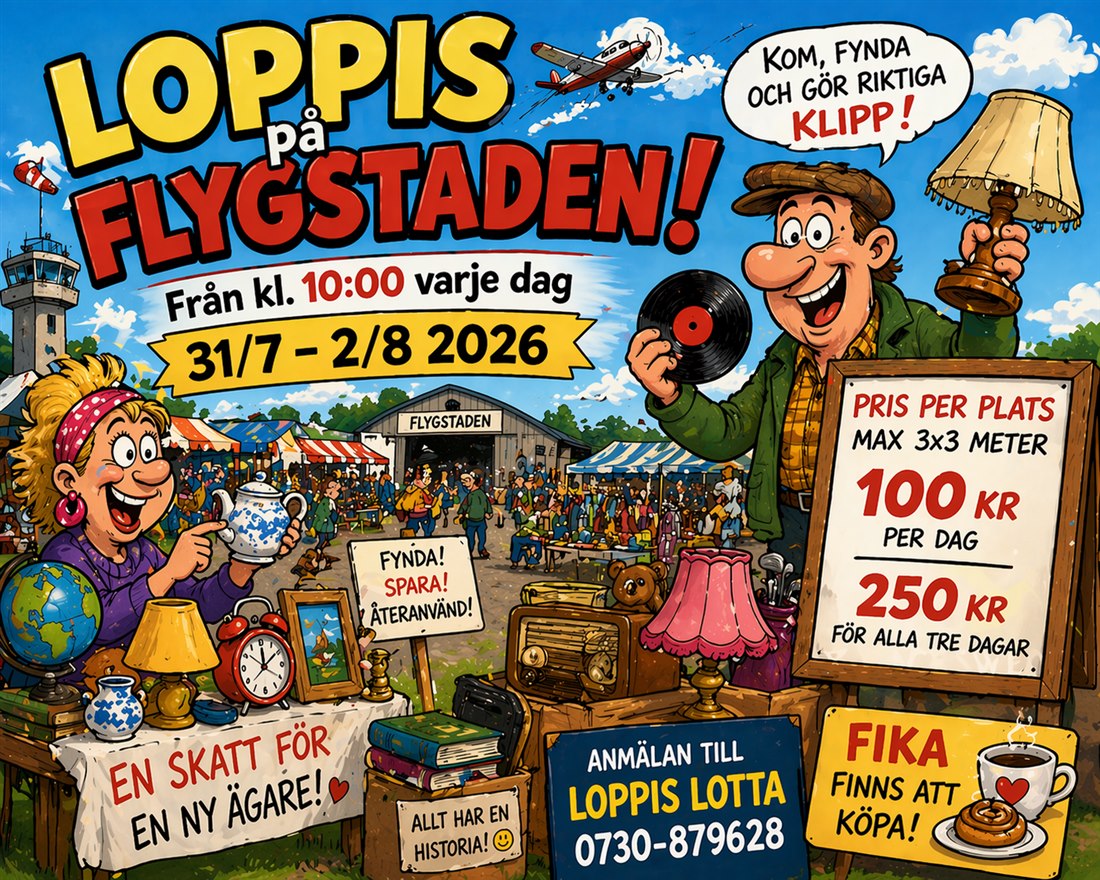 Loppis på Flygstaden — boka plats hos Loppis Lotta, 100 kr per dag