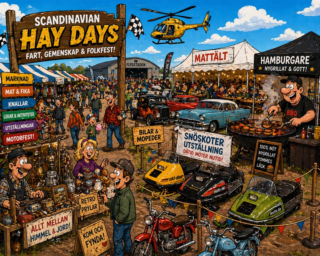 Tecknad illustration av marknaden på Flygstaden — knallar, mat, bilar och snöskotrar